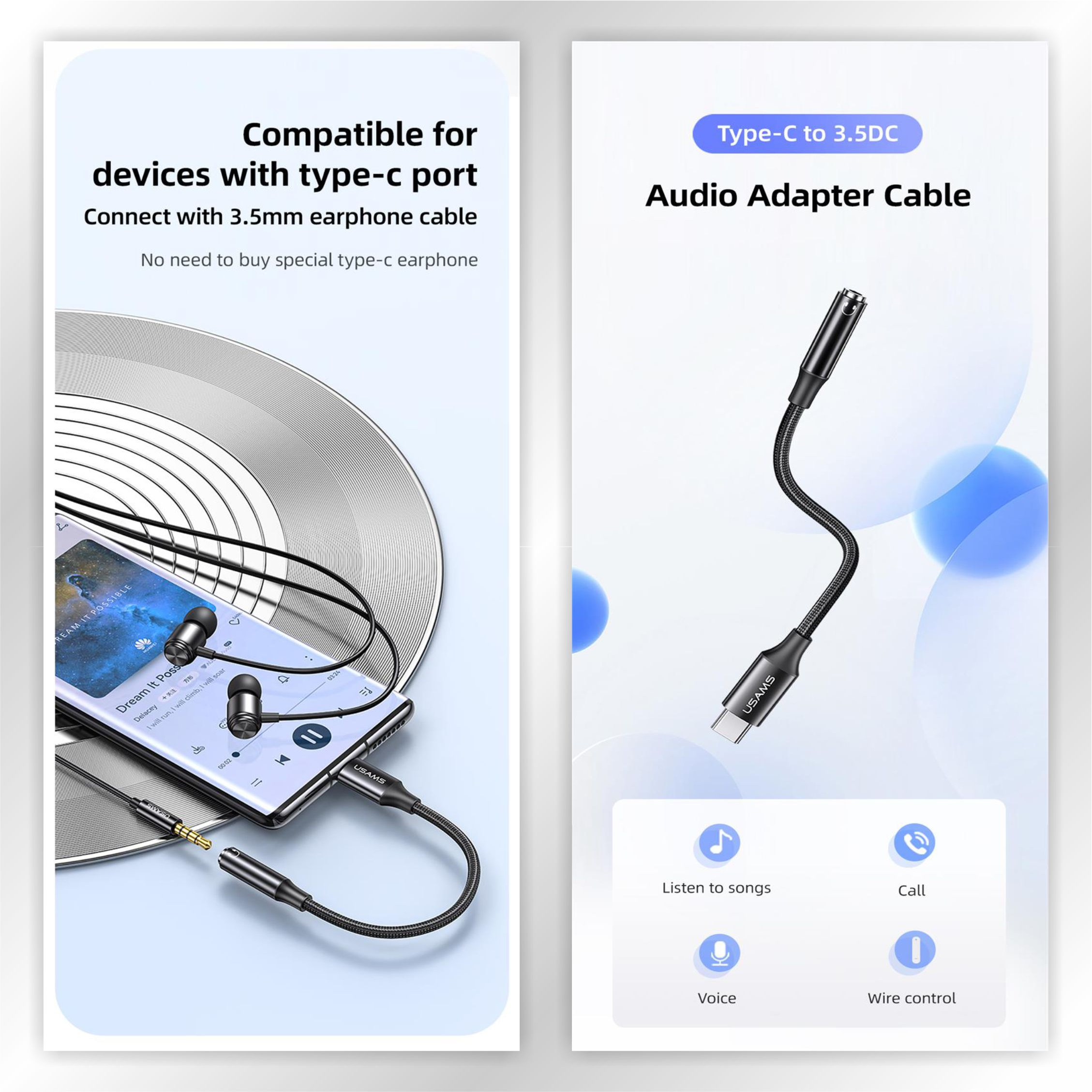 USAMS AU16 Kabel Audio Adapter Converter Type-C to 3.5DC