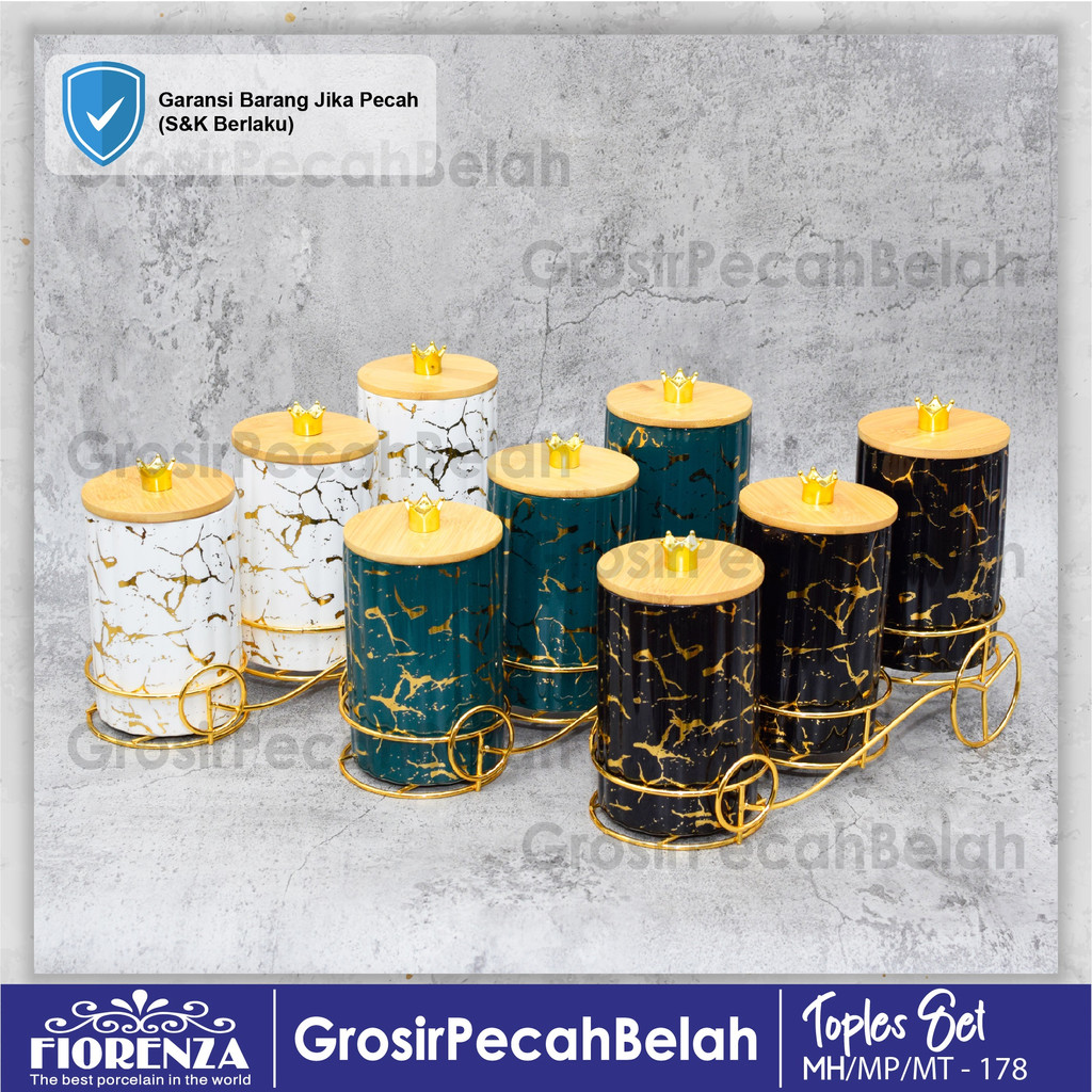 Toples Kue Makanan Keramik Set Dengan Rak Motif Marble Fiorenza 178