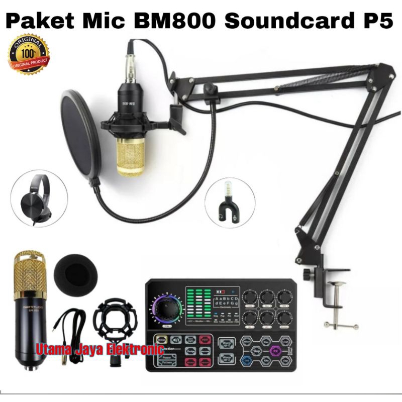 Paket Mic BM800 Soundcard P5 Stand Arm Pop Filter