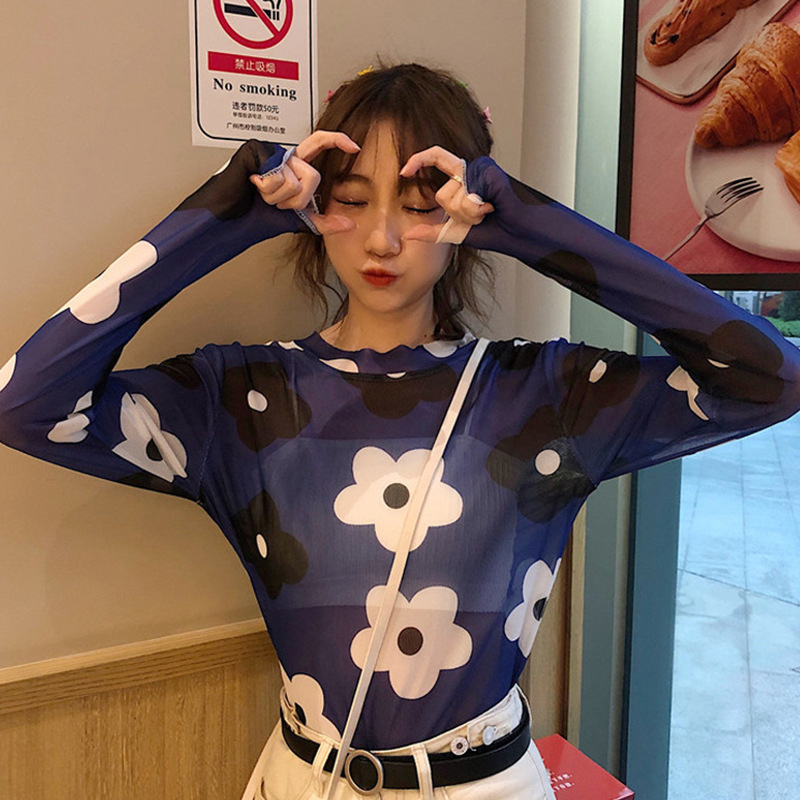 RSB BJ378 Transparent Long Sleeve Anti UV Motif Bunga Blouse Atasan Lengan Panjang Trasparan