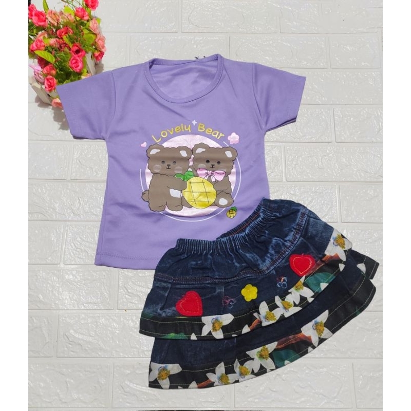 SETELAN ROK JEANS ANAK PEREMPUAN CEWEK USIA 1 2 3 4 TAHUN FREE HANGER / GANTUNGAN / KAOS ANAK PEREMP