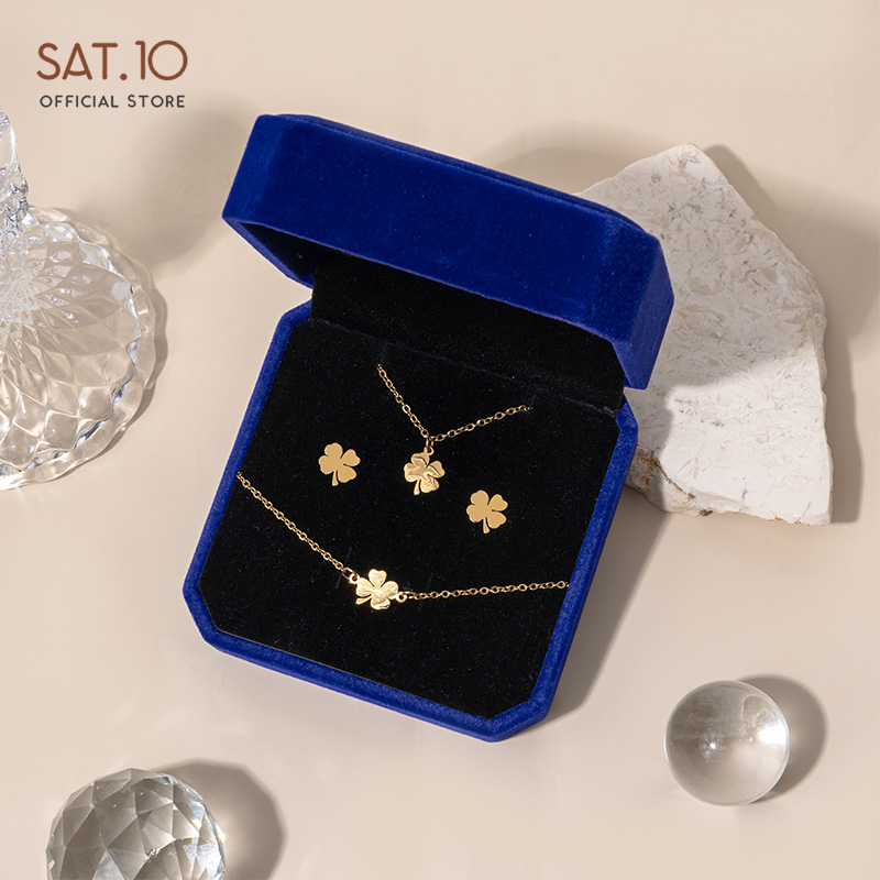 SAT.10 Satu Set Kalung Gelang Anting (Free Box) Model Clover Bahan Titanium SAT-4050-4052