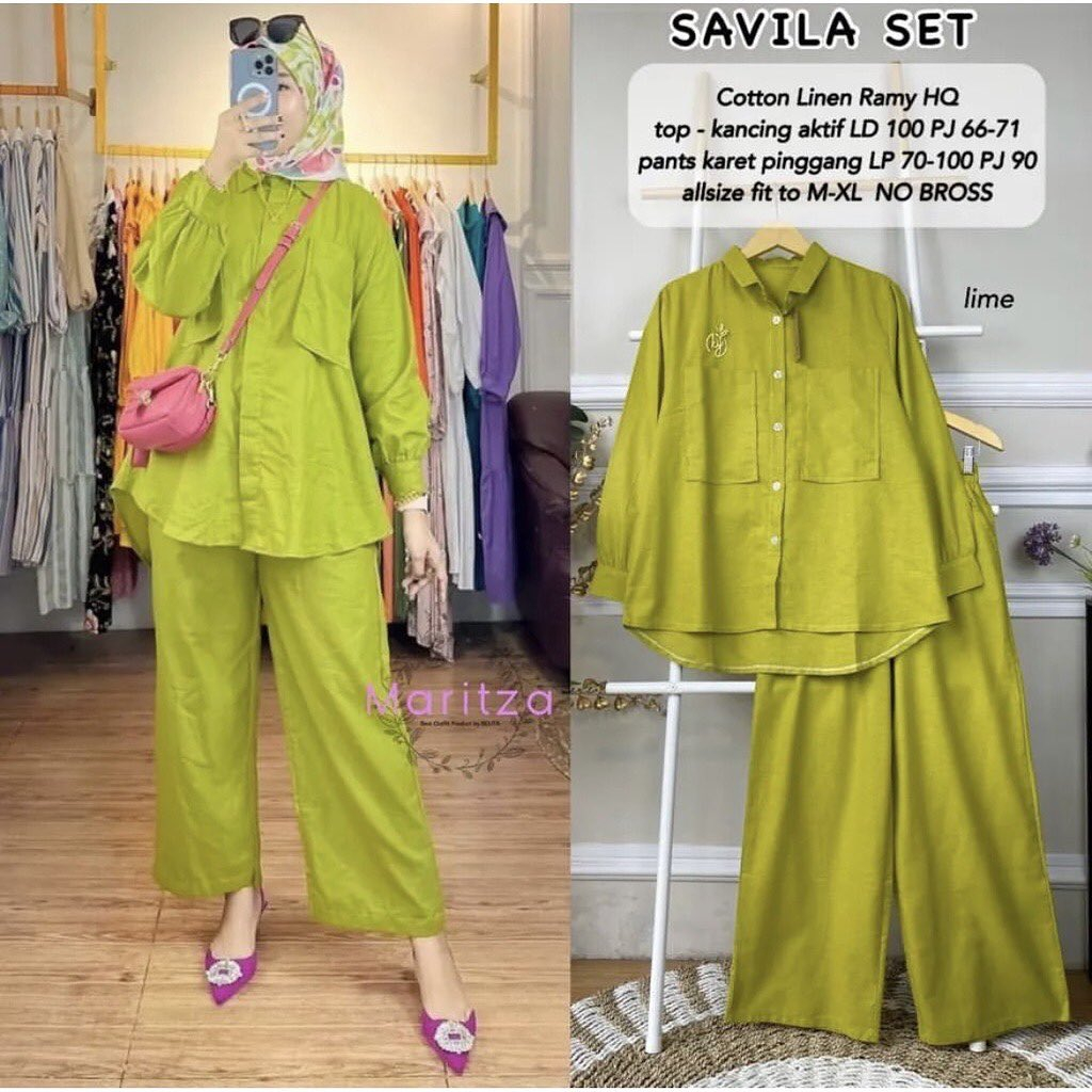 Stelan Wanita Terbagus One Set Katun Setelan Wanita Savila Set Pakaian Wanita Setelan Celana Fashion Muslim Kekinian Bahan  Katun Linen Rami