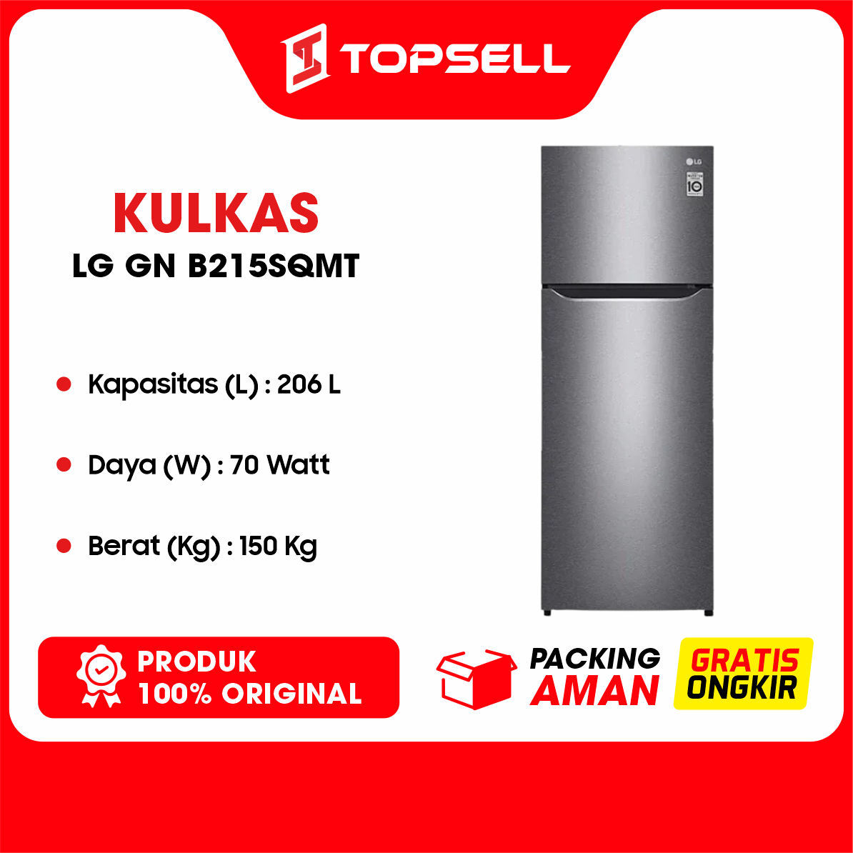 LG Kulkas 2 Pintu 205L gross / 209L nett - Smart Inverter Compressor Multi Air Flow - GN-B215SQMT Ga