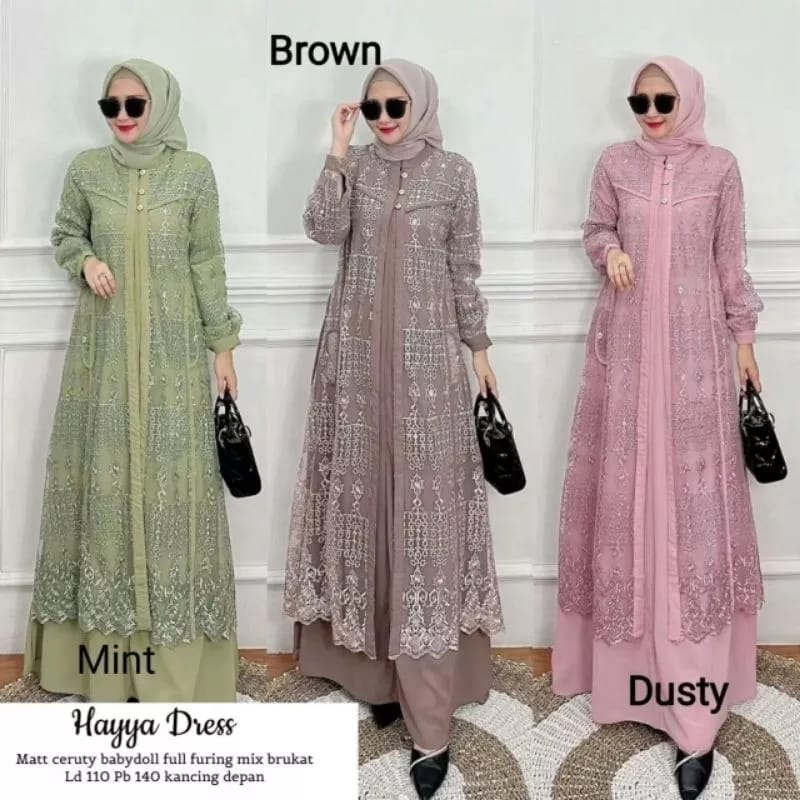 Hayya Dress Maxy Ceruty Babydoll Gamis Brukat Baju Kondangan Wanita Kekinian Gamis Pesta Wanita Muslim