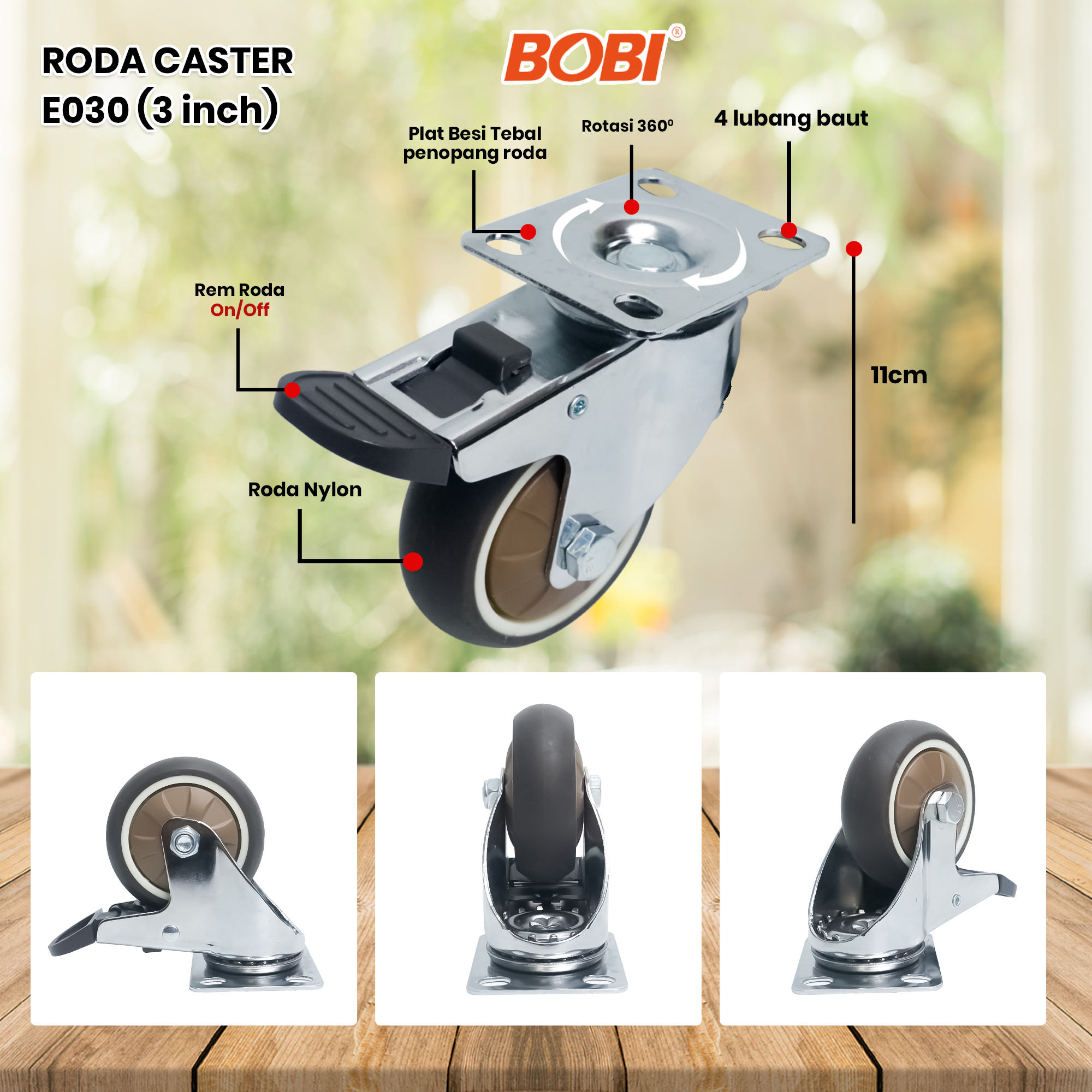 Roda Caster PVC NYLON // Roda Etalase Lemari 3 inch // Roda Serbaguna BOBI - Warna Random