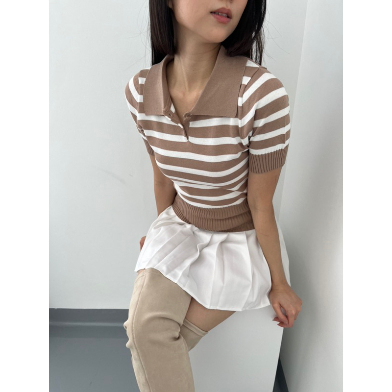 TheGrilHouse - AMORA CROP TOP KOREA KNIT KAOS KERAH WANITA POLO SHIRT