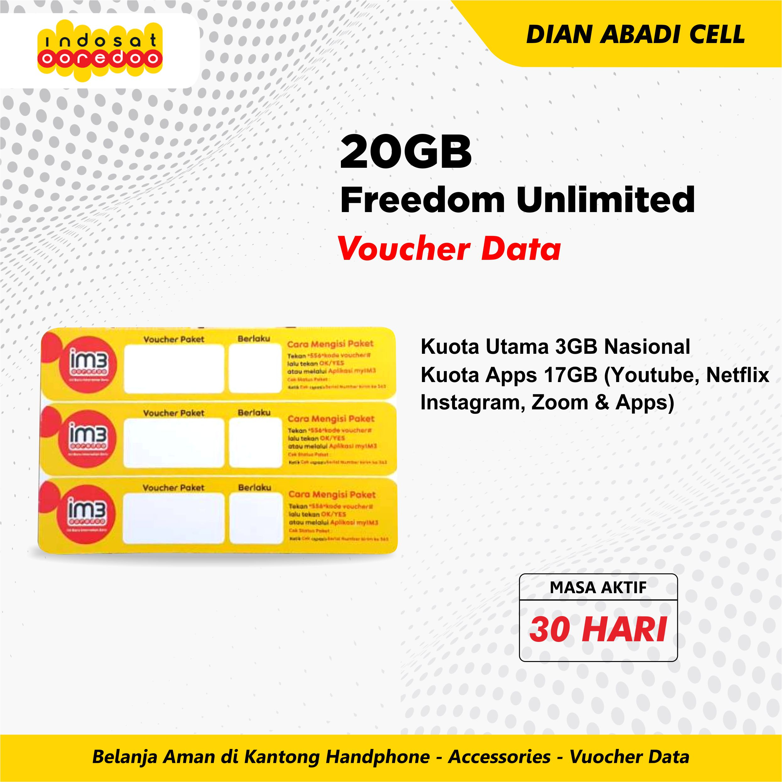 Voucher Indosat 20GB Freedom Unlimited 30 Hari
