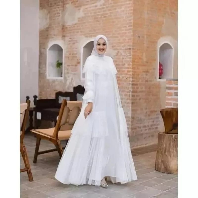 Baju Gamis Wanita Terbaru 2023 Gaun Pesta Muslimah Gamis Outer Aplikasi Tille Dot Vanda Series Dress Kondangan