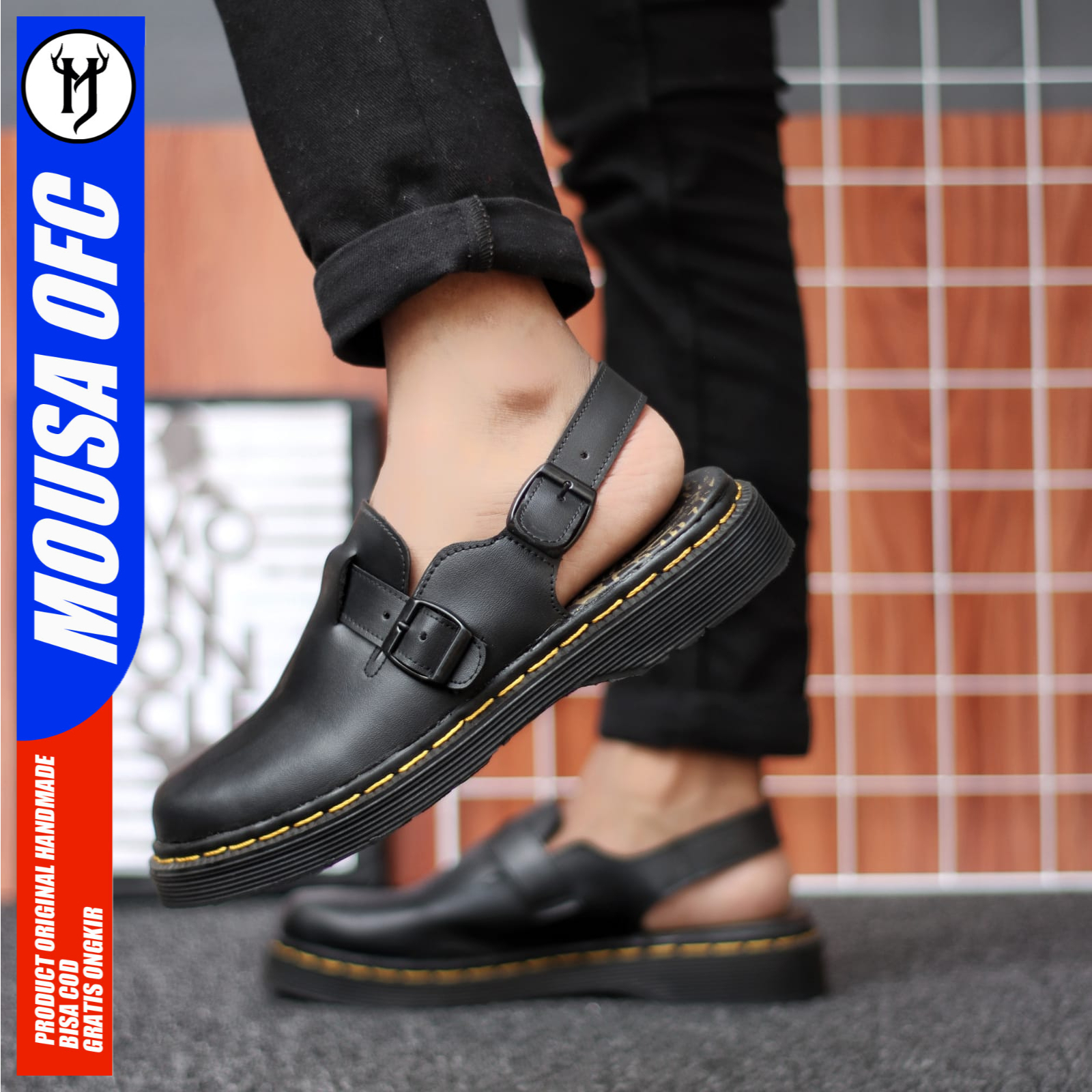 MOUSA Sepatu Sandal Pria Casual Slop Kulit Pu Pria Hitam Buston