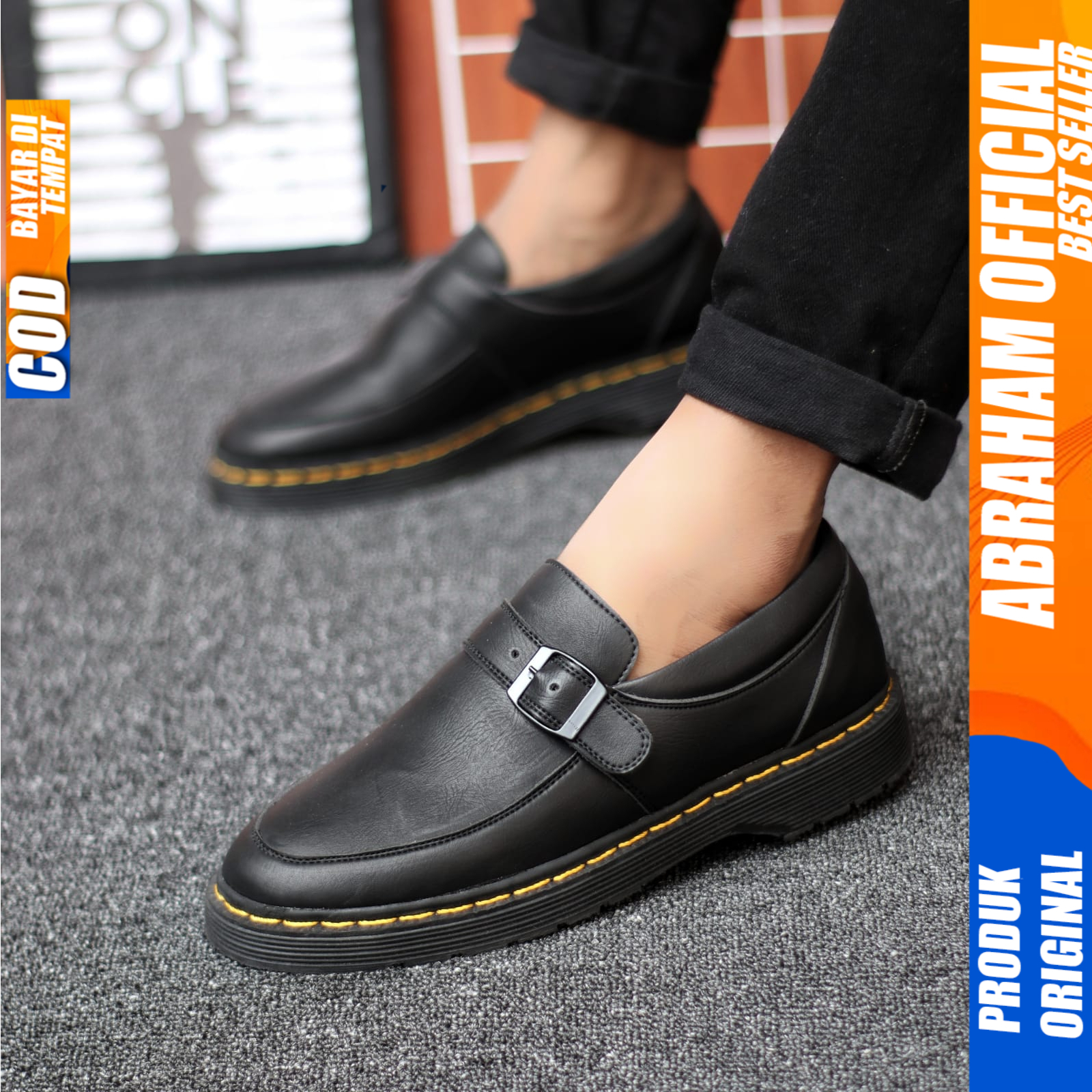 Sepatu Loafers Pria Docmart Pantofel Formal Casual Kulit Kerja Hitam Abraham