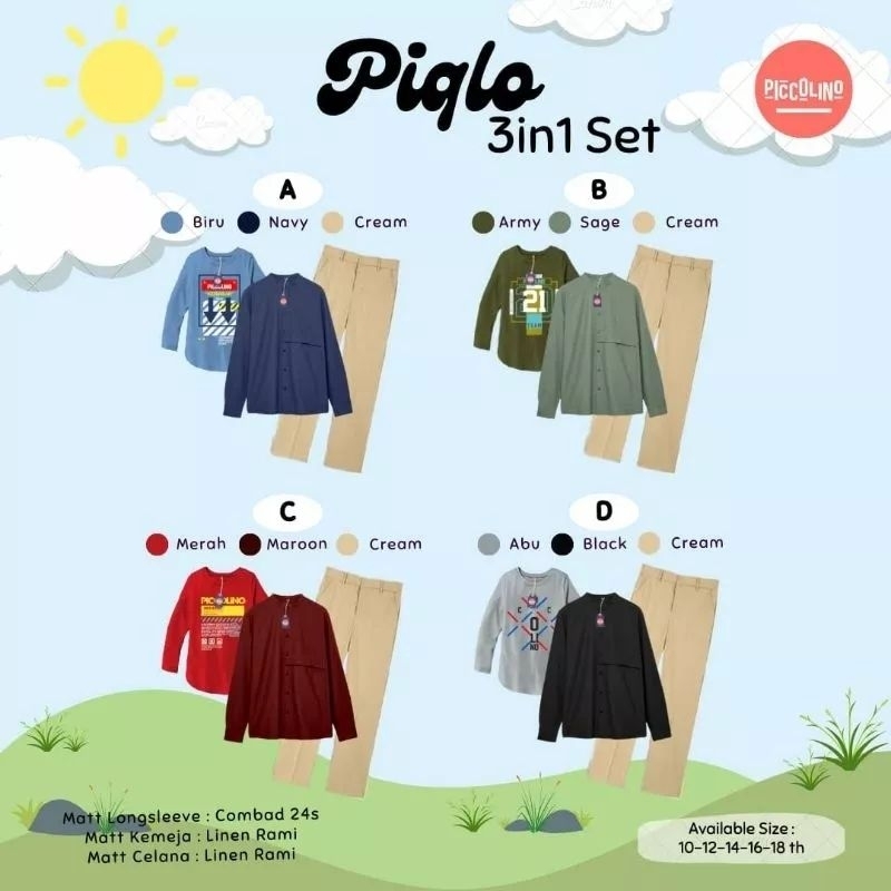 READY SET PIQLO BY PICCOLINO 10-18 TAHUN / SETELAN KEMEJA ANAK LAKI-LAKI REMAJA TANGGUNG / BAJU KAOS