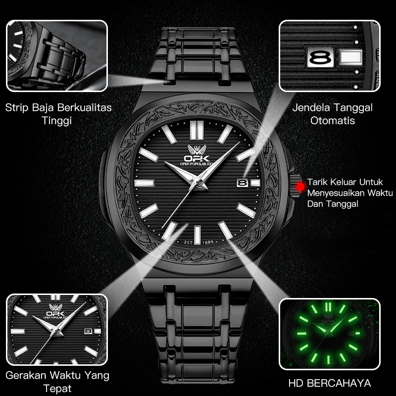 RECOMMENDED OPK Jam Tangan Pria Original Anti Air Keren Terbaru Mewah Hitam Stainless Steel Watch