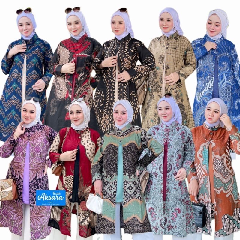 Ori Aksara Batik - Tunik Tunic Batik Wanita Modern Lengan Panjang Kombinasi Velvet Warna Hijau Sage 