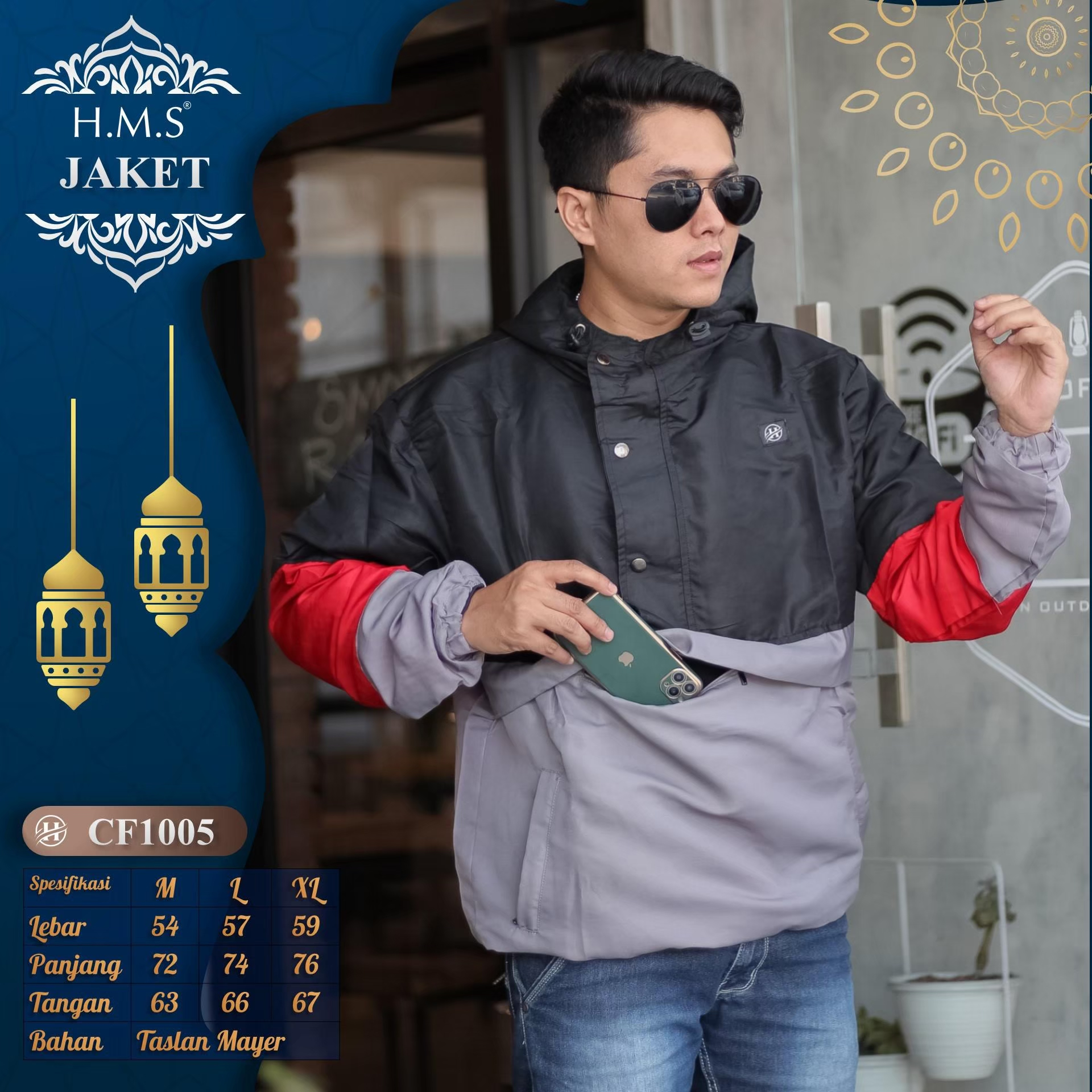 HMS jaket pria distro jaket cougle jaker water proof hitam abu kombinasi lengan abu merah ART CF325