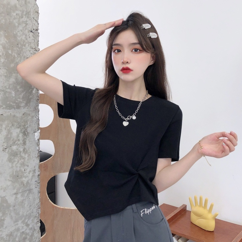 T&amp;Y Kaos Polos Wanita Lengan Pendek 6782 T-Shirt Women Short Sleeve Twisted Atasan Crop Top Wanita Serut Samping Ala Korea Murah Import