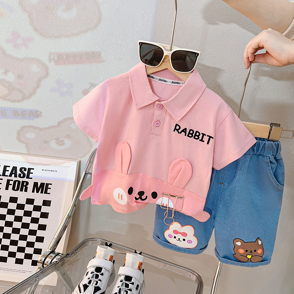 Promo 7.7 Setelan Anak Perempuan AILEEN bear Baju Set 2in1 Kaos Polo dan Celana jeans Pendek 1 - 6 tahun Korean Style Import