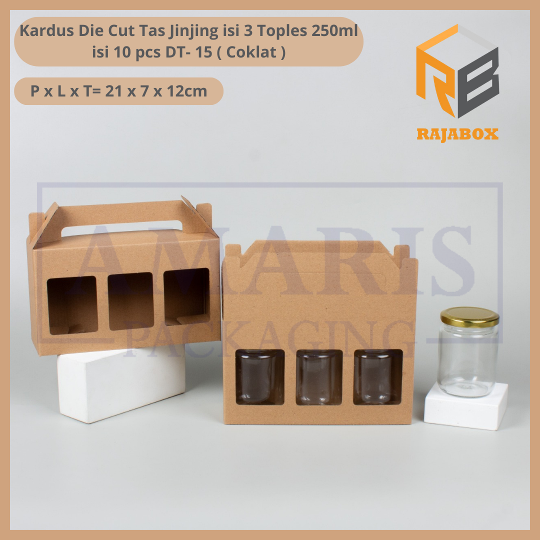 

DT-15 Kardus Die Cut Tas Jinjing Isi 3 Toples Jar 250 ml Isi 10 Pcs Amaris Packaging