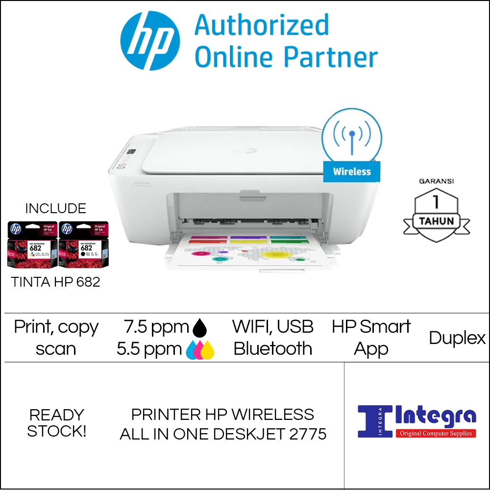 Printer Deskjet HP 2775 Print Scan Copy Wireless WiFi Cartridge HP 682 Black Tri Color Original