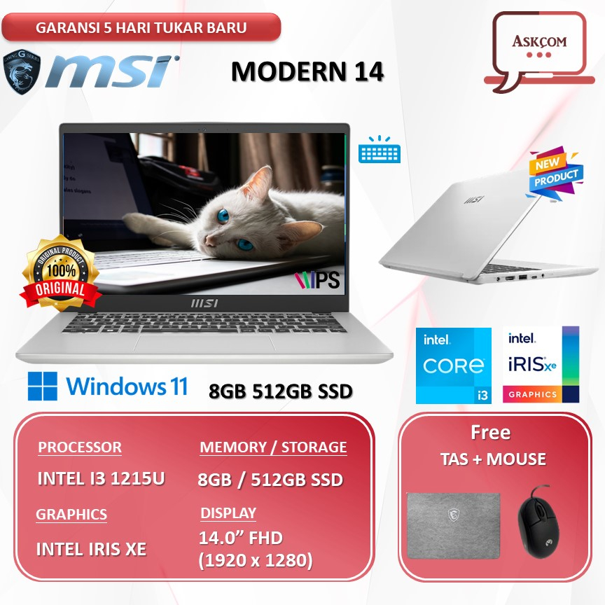 Laptop MSI Modern 14 I3 1215U 8GB 512GB SSD W11 14.0FHD IPS BLIT C12M.474