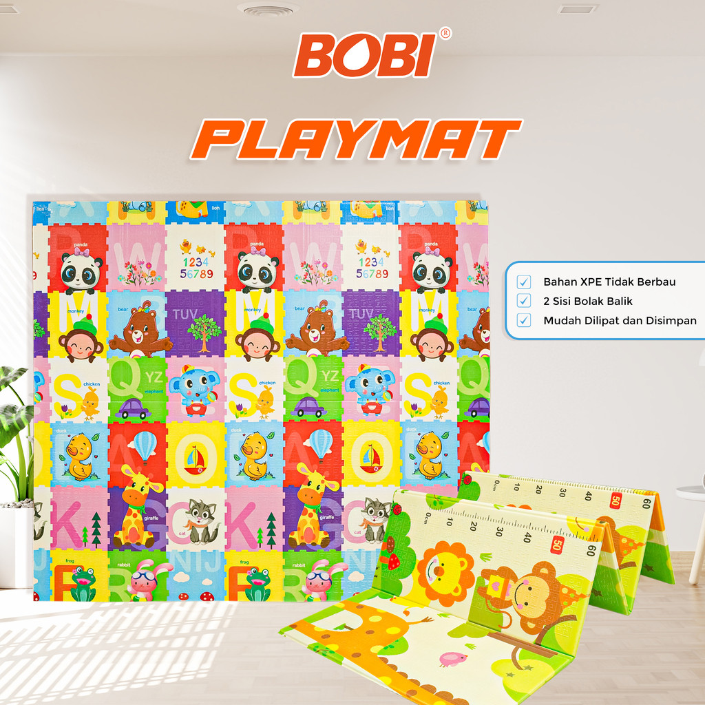 Tikar Lipat Merk Bobi Tipis - Karpet Lipat Anak Waterproof Baby Playmat Foam  / Motif Random TANPA TAS