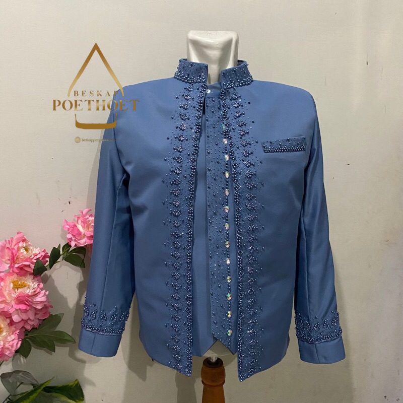 basofi pengantin pria payet biru denim blue set celana free selop