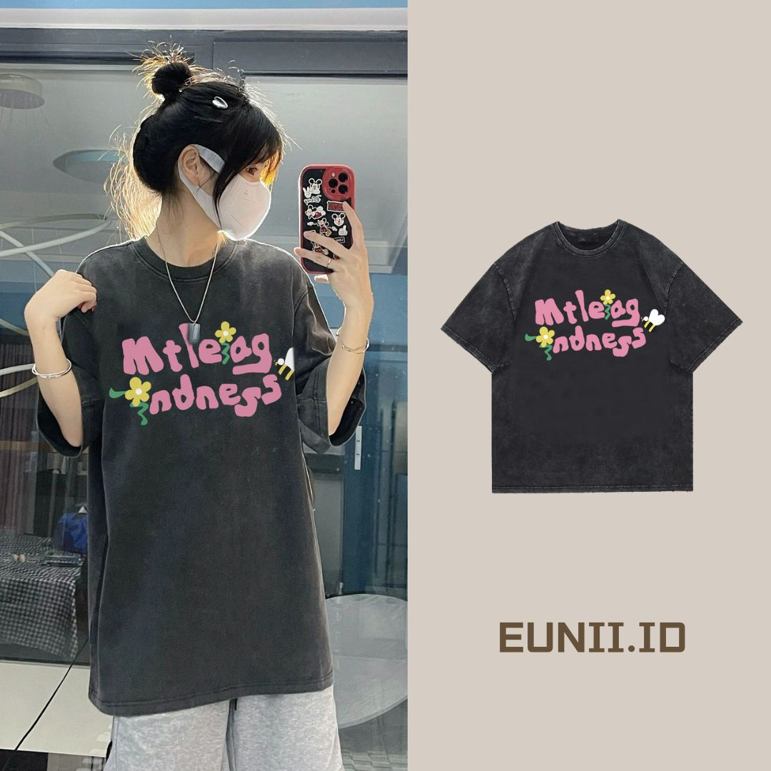 EUNII T-shirt Lengan Pendek Black Washed Cartoon Bee Printing Korean Style/Kaos Atasan Wanita/Baju Wanita/Kaos Wanita