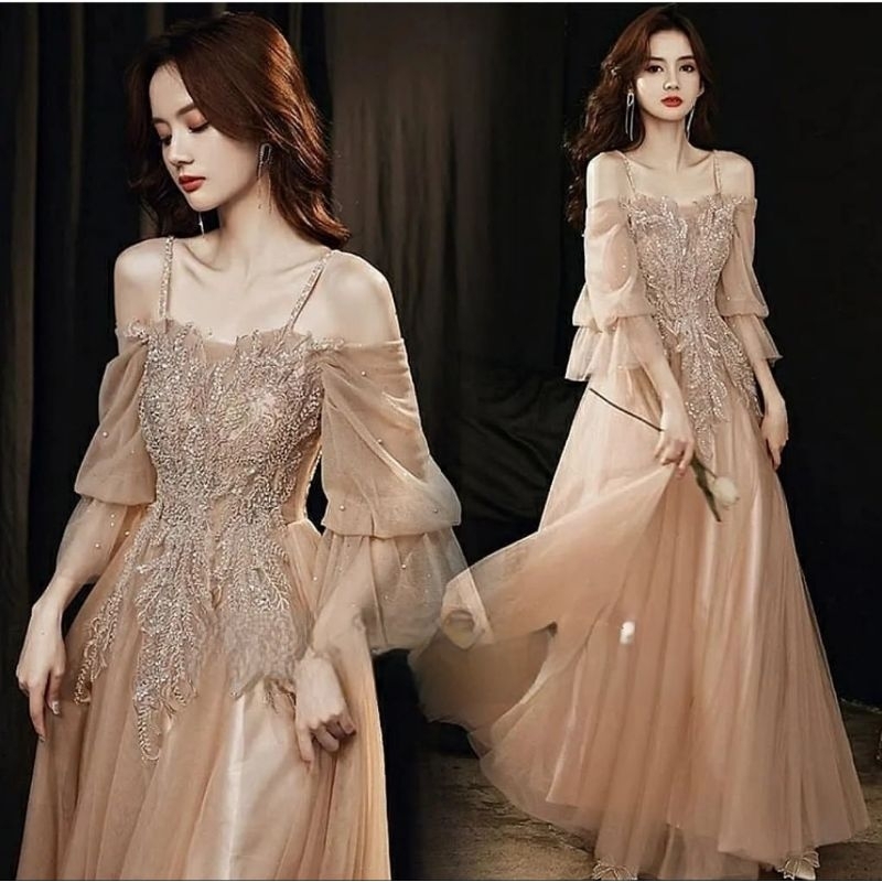 dress sabrina pearl sleeve brown dress coklat bronze gold flare long dress long gown gaun panjang pe