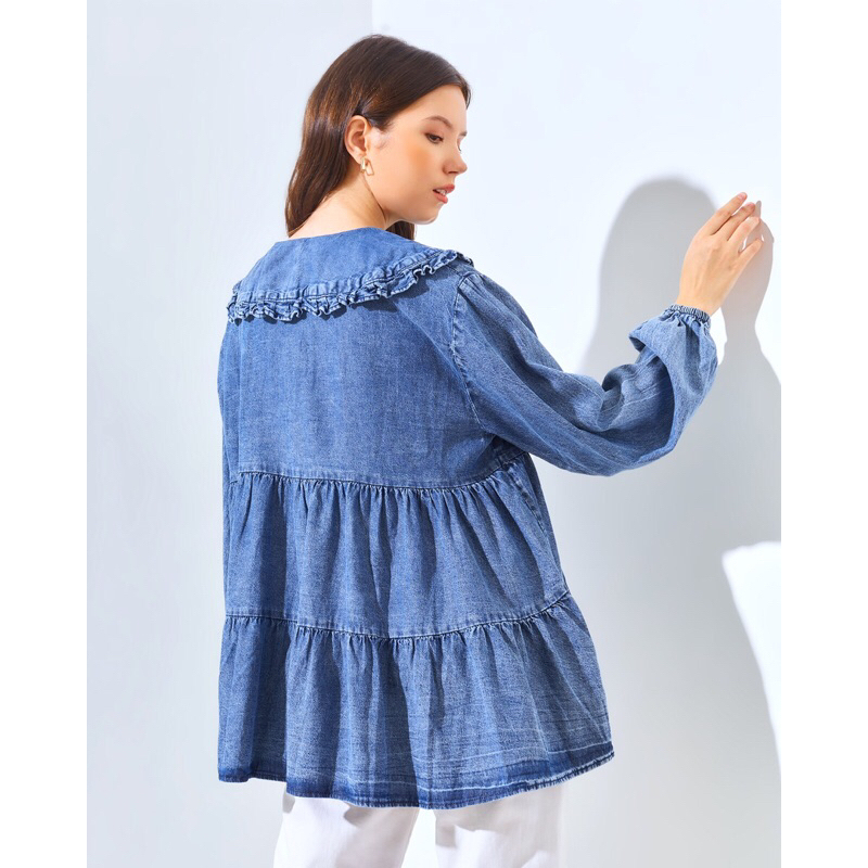 KEMEJA DENIM KERAH RUFFLE ARASEL - KEMEJA DENIM BKK IMPORT