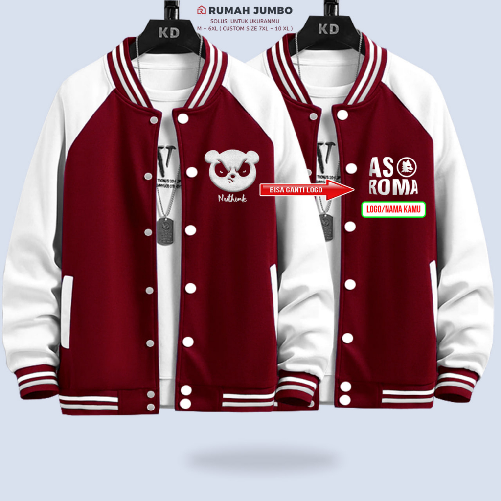 Jaket Bomber Varsity Oversize (M - 6XL) Baseball Custom NUTHING MARON WHITE