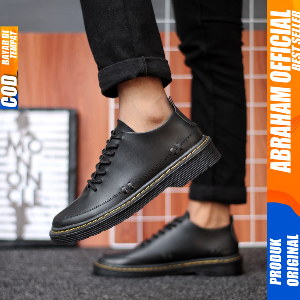 Sepatu Docmart Low Boot Formal Tali Hitam Casual Hitam Pria Kerja Abraham