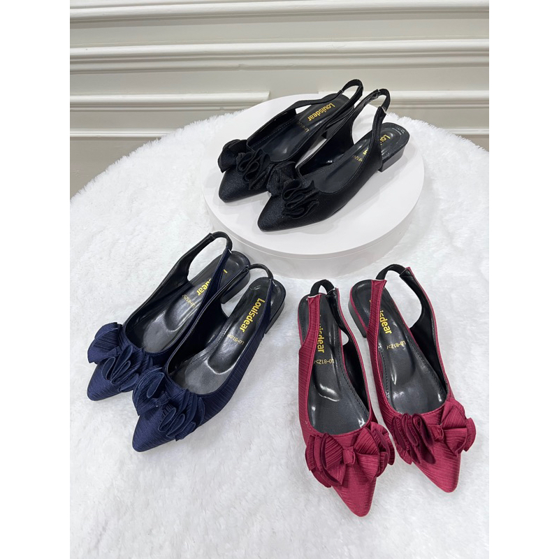 sepatu flat shoes wanita terbaru kekinian pesta LOUISDEAR sepatu flat heel 2 cm bahan satin hbm tali belakang B46