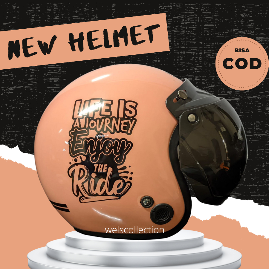Helm Bogo Motif Wanita Pria Cewek Dewasa Classic Retro Kaca Datar Cembung Hitam Full Leher SNI
