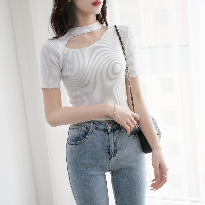 【Elegant】Off Shoulder Short Hollow Out T-shirt 2120