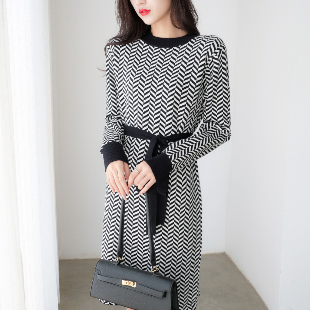 【Elegant】Zigzag Midi Belted Dresses 2102