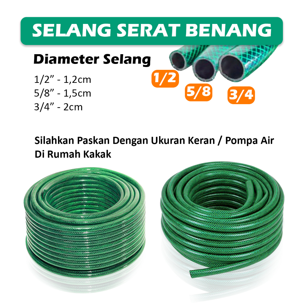 Paket Siram Tanaman Selang Air Serat Benang Anti Lumut Selang Benang Ukuran 5/8 - Selang Air Serat Benang FREE Kepala Semprotan Hose Nozzle + 2 Klem