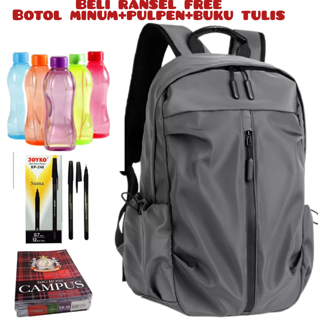 JS_Beli 1 Dapat 4-Tas Ransel Laptop Kerja Sekolah Pria Anti Air Bahan Longcham Premium Stylish Fashionable Beli Ransel Free Botol Minum+Pulpen+Buku Tulis