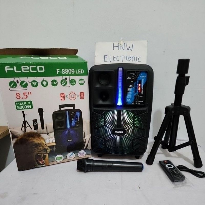 speaker aktif portable bluetooth Fleco F 8809 LED 8.5" 8'5 inch bonus stand mic wireless