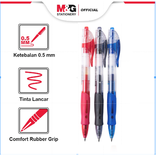 

M&G Retractable Gel Pen Black Blue Red 0.5mm Comfort rubber grip 1 pcs 6 pcs