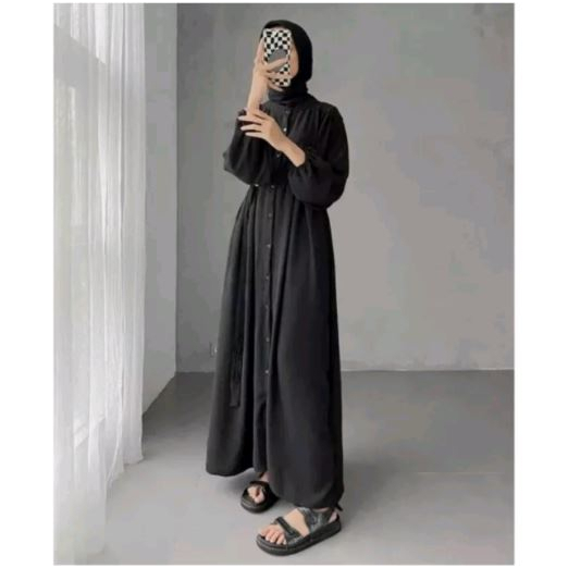 LUTFIA GAMIS LONG MIDI FULL KANCING DRESS ATASAN WANITA CRINCLE AIRFLOW PREMIUM (DBY)