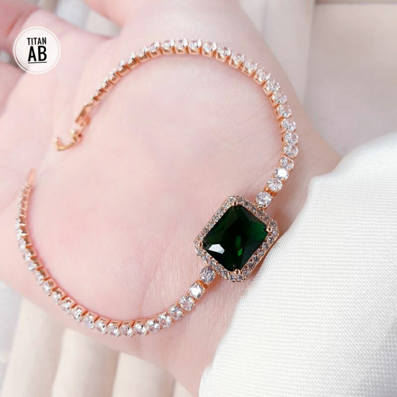 Gelang Tangan Rantai Full Permata Mata Hijau Gold Titanium N26052301