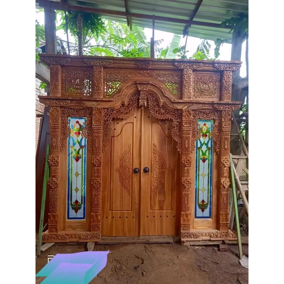 pintu gebyok ukir jati jepara jendela pake kaca ukuran 3 meter