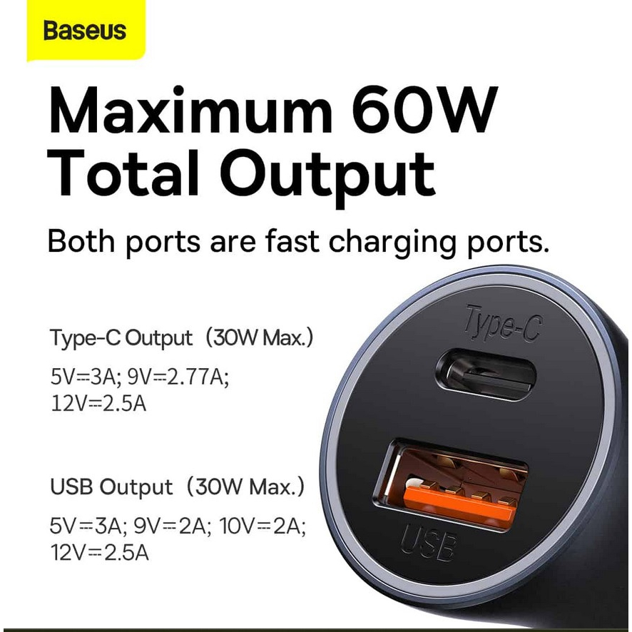 Baseus Max Car Charger Golden Contactor Max USB TYPE C 60W Dual Output