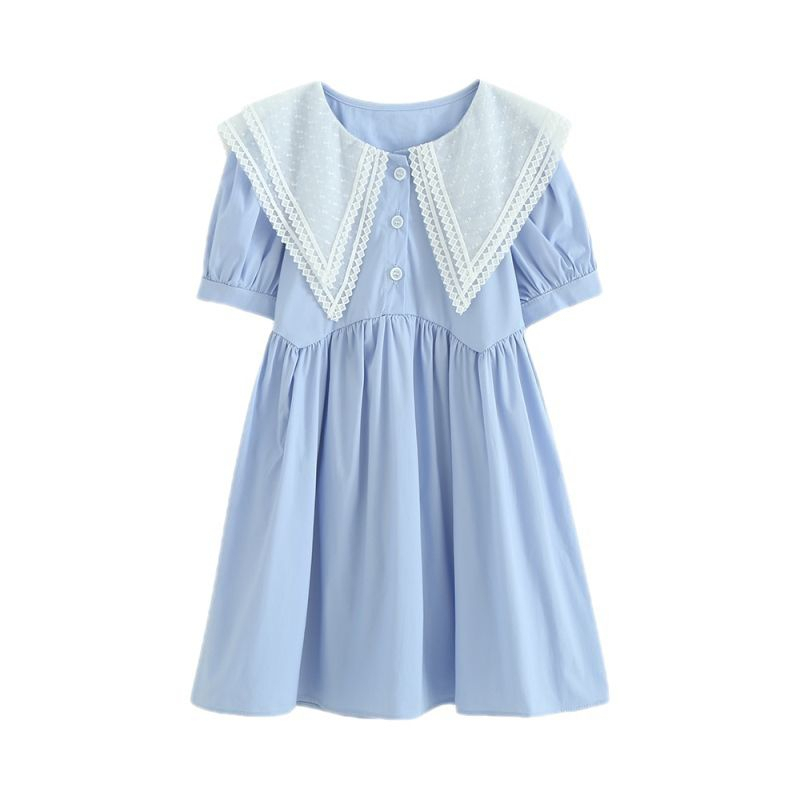 Dress Anak Perempuan Biru Polos Kancing Atas