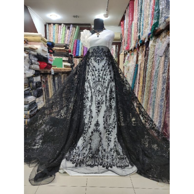 Kain Tile Brokat Etnik Payet Batu Akar Bridal AV397-22-3 Hitam