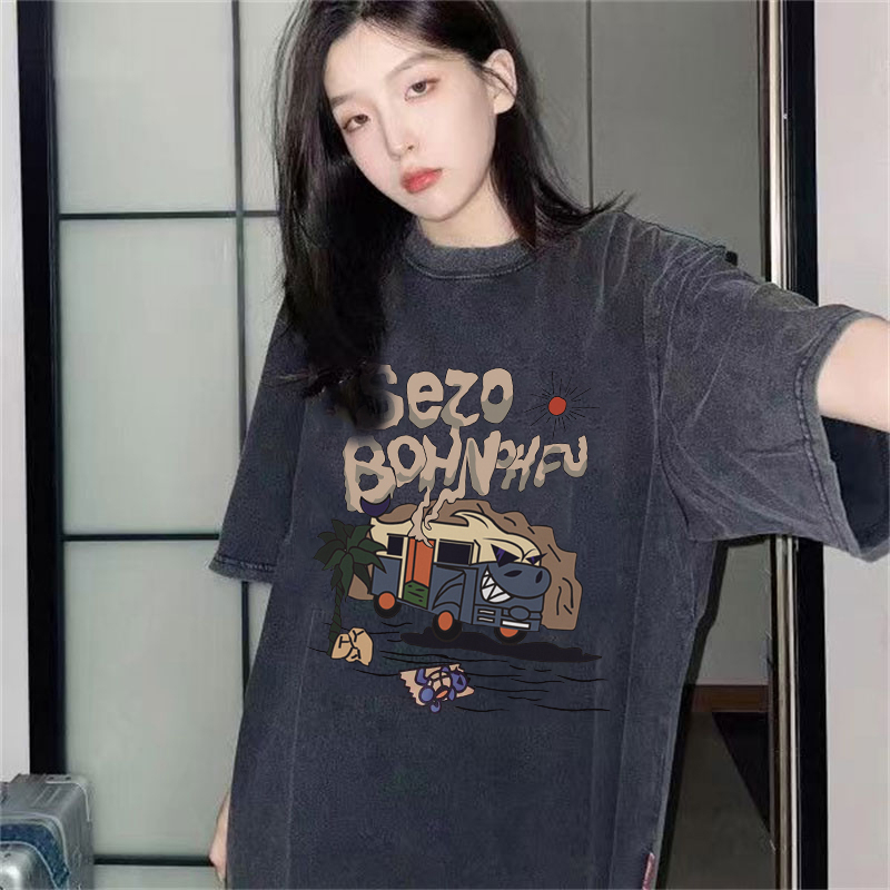 EUNII T-shirt Lengan Pendek Black Washed SEZO Desert Car Printing Korean Style/Kaos Atasan Wanita/Baju Wanita/Kaos Wanita