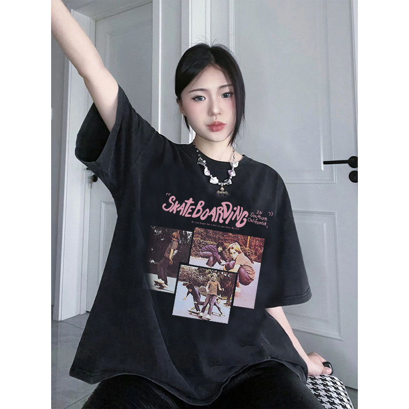 EUNII T-shirt Lengan Pendek Black Washed Vintage Pink Hiphop CD Printing Korean Style/Kaos Atasan Wanita/Baju Wanita/Kaos Wanita