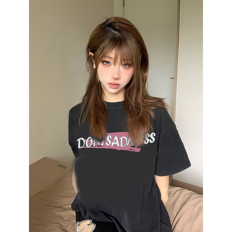 EUNII T-shirt Lengan Pendek Black Washed Cartoon Strawberry Ice Printing Korean Style/Kaos Atasan Wanita/Baju Wanita/Kaos Wanita