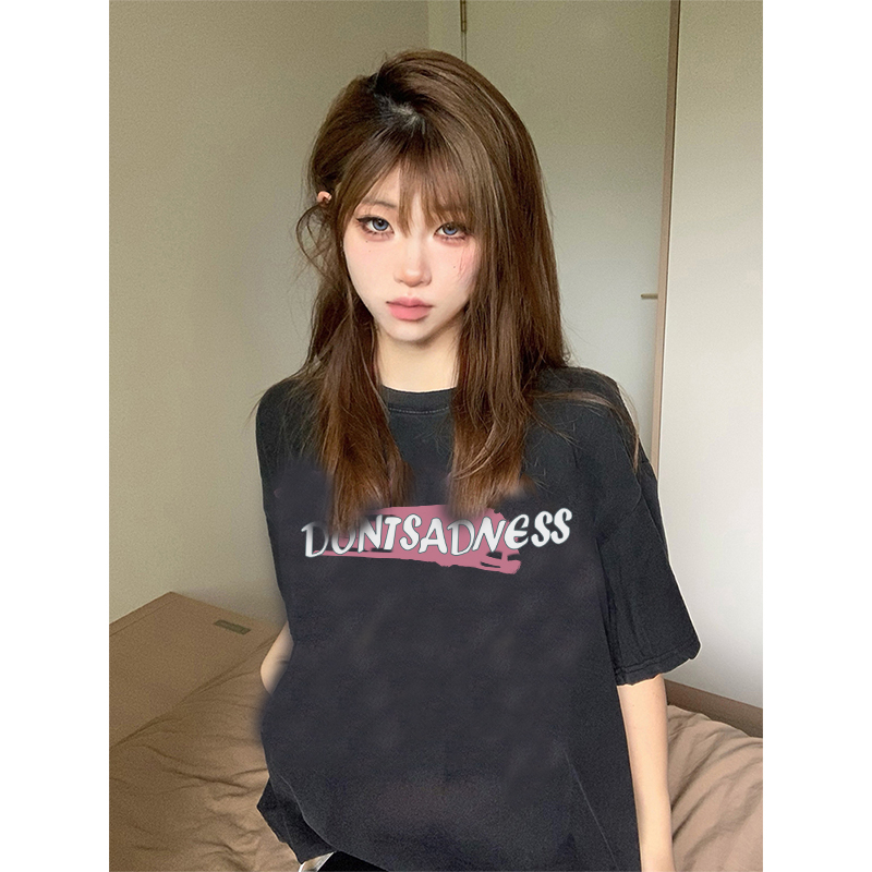 EUNII T-shirt Lengan Pendek Black Washed Cartoon Strawberry Ice Printing Korean Style/Kaos Atasan Wanita/Baju Wanita/Kaos Wanita