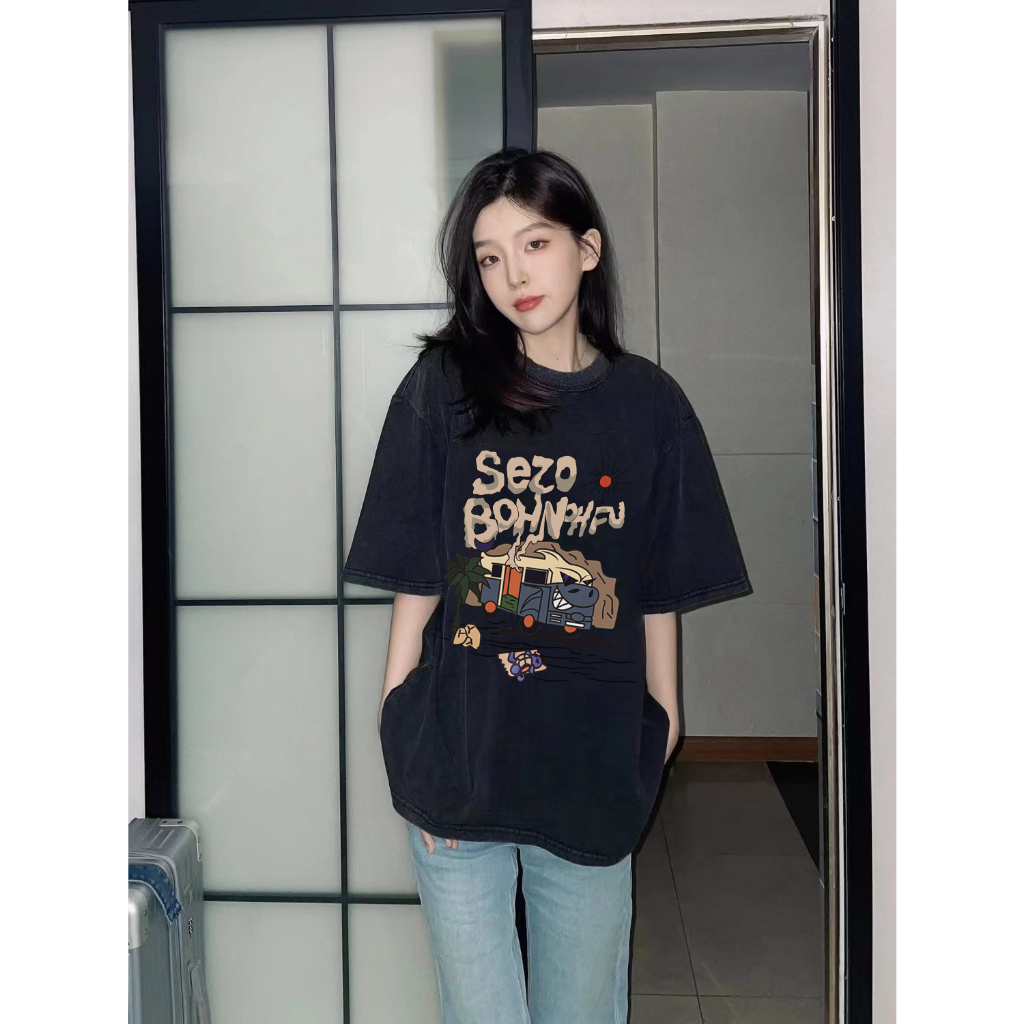 EUNII T-shirt Lengan Pendek Black Washed SEZO Desert Car Printing Korean Style/Kaos Atasan Wanita/Baju Wanita/Kaos Wanita